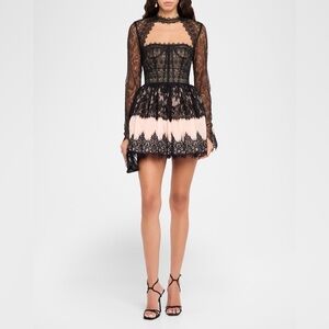 Bronx and Banco Black Lace Long-Sleeve Mini Dress with Blush Underlay